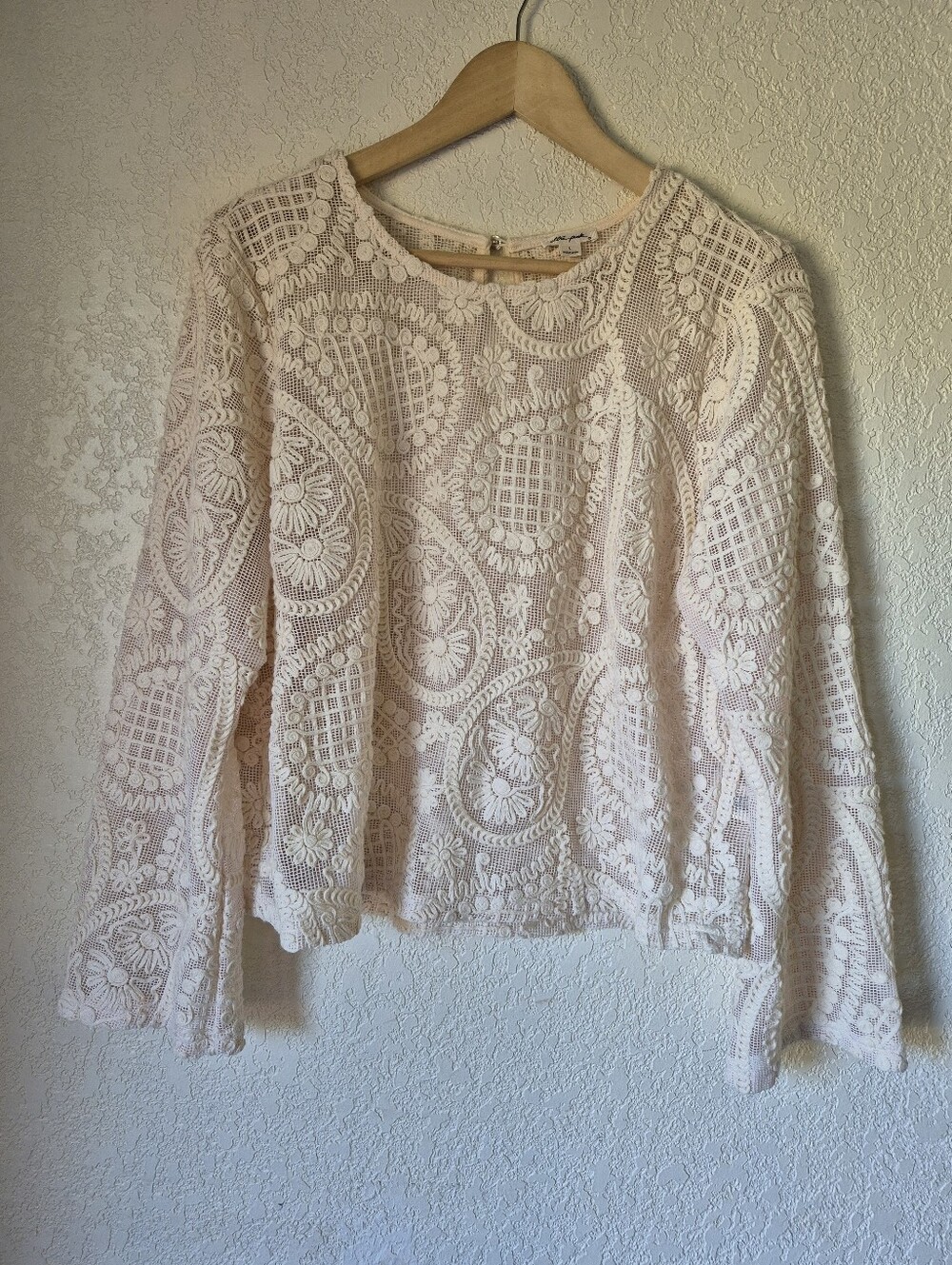 Ultra Pink Ivory Crochet Lace Boho Blouse Cottagecore Peasant Top Size L